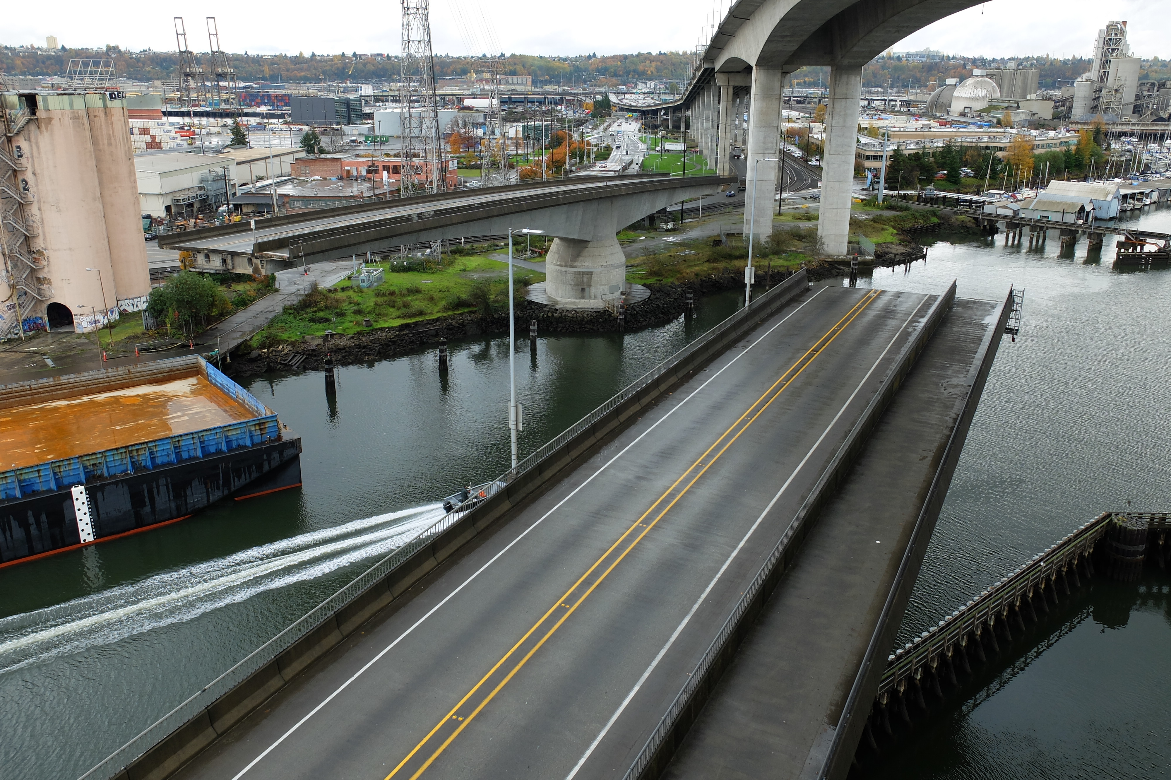 Low bridge swings open for maritime traffic