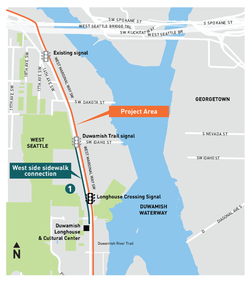 Graphic showing the Duwamish Longhouse project on West Marginal Way