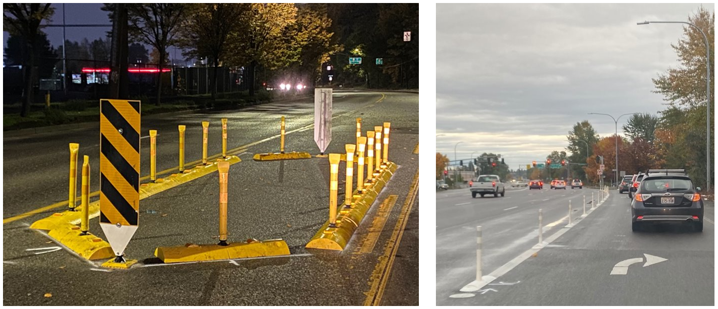 Traffic island and white flexible posts on West Marginal Way SW