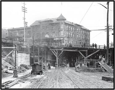 Yesler Way Bridge Over 4th Ave S under construction in 1910