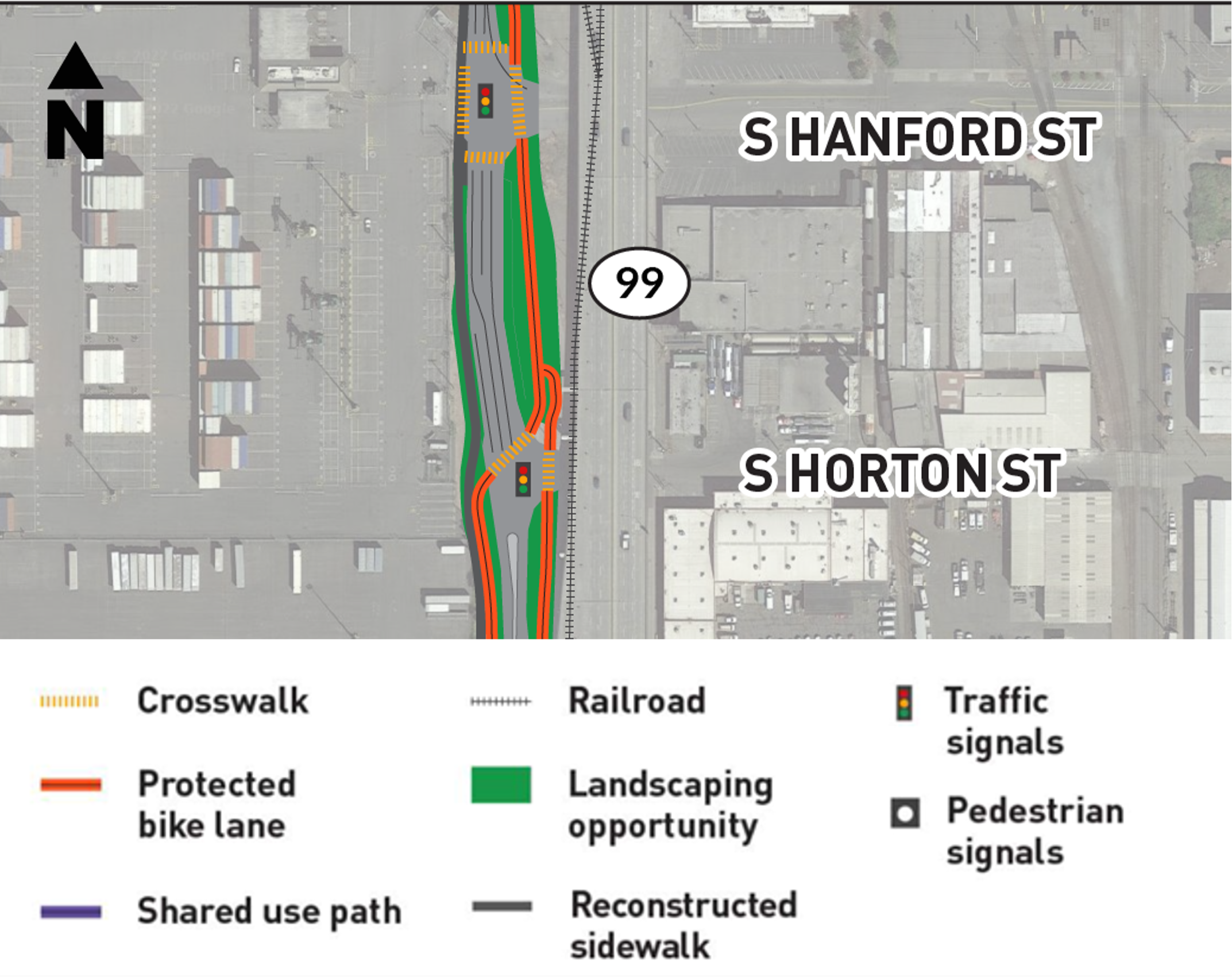 Map of the planned improvements on East Marginal Way between S Hanford Street and S Horton Street