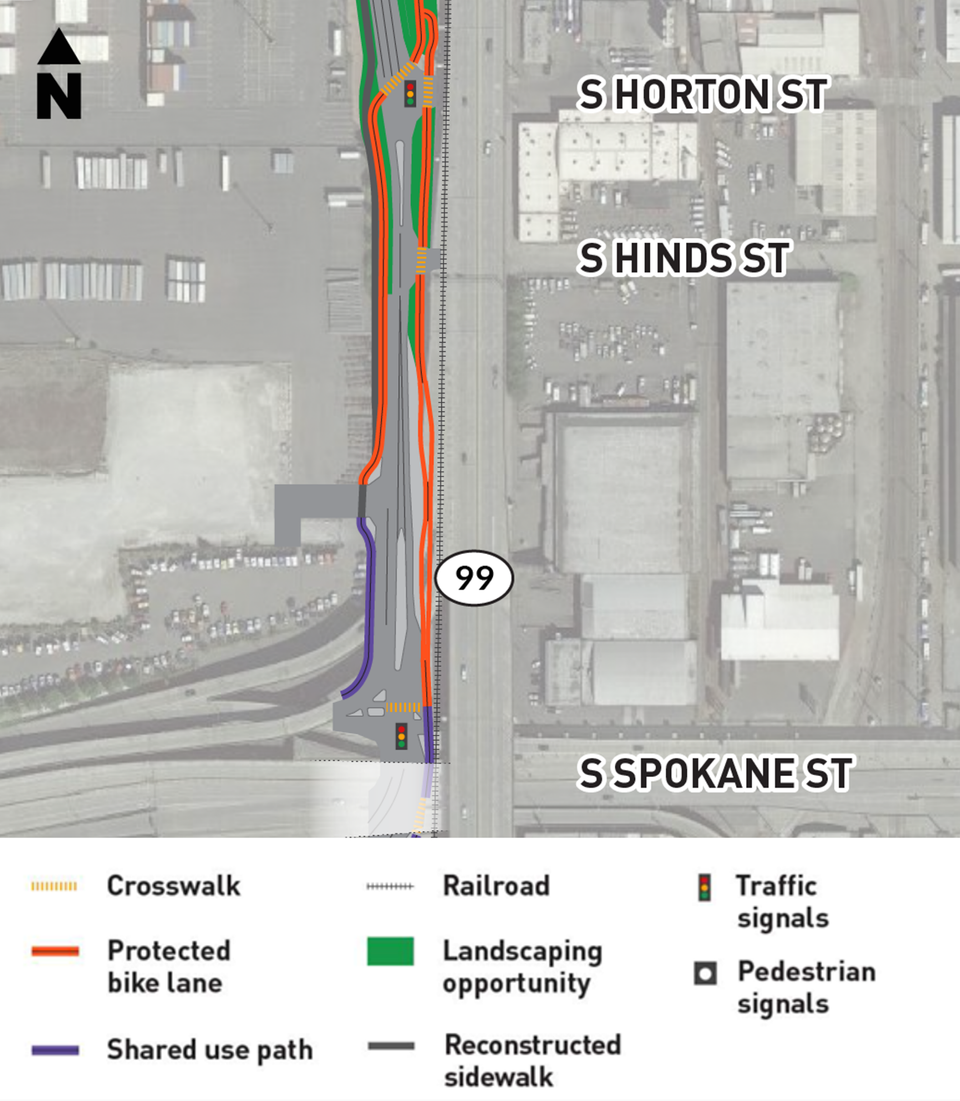 Map of planned improvements between S Horton St and S Spokane St
