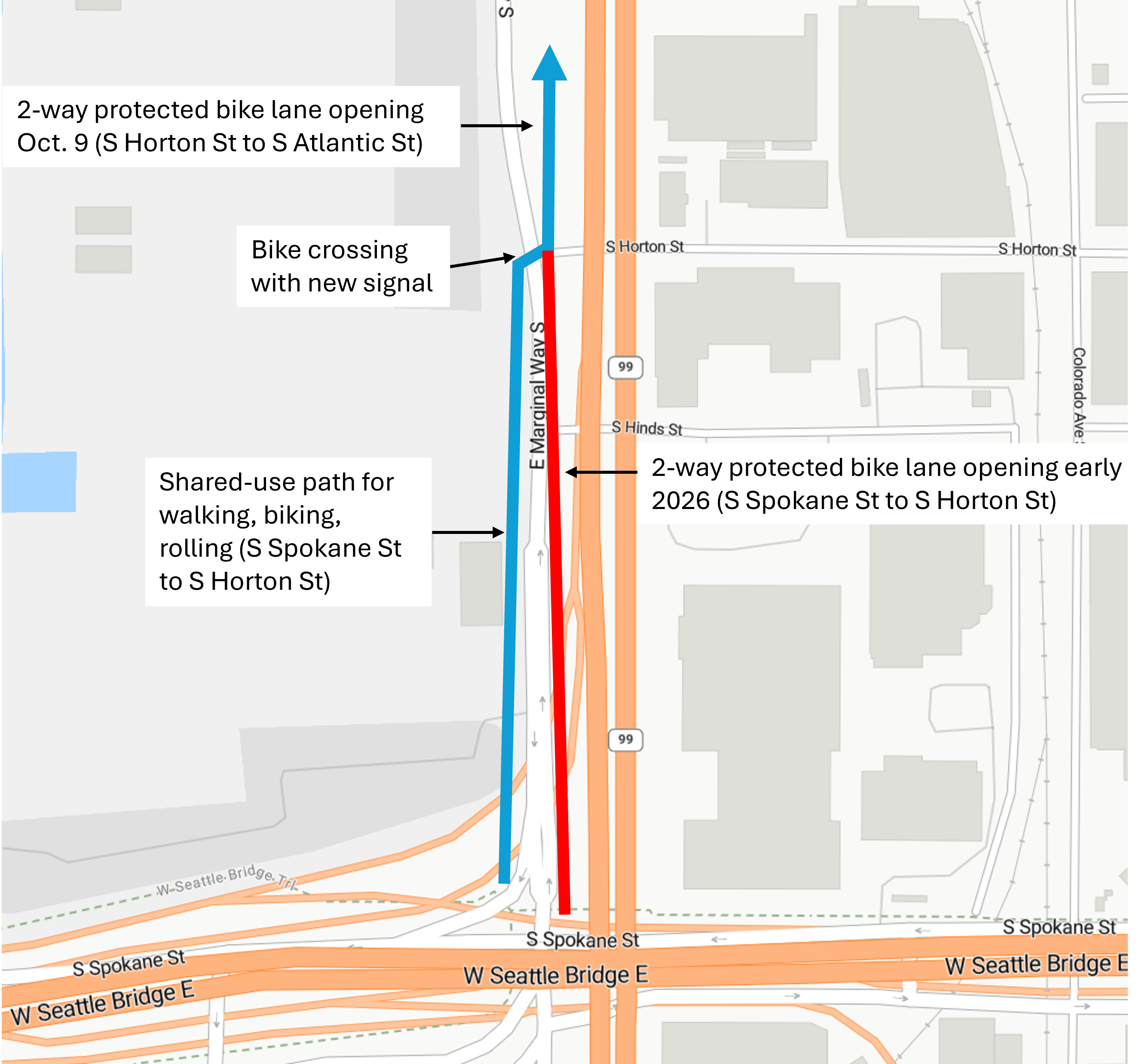 Map showing new bike lane route on East Marginal Way S