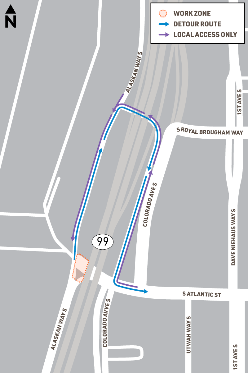 map showing detour using the Colorado Ave S flyover ramp to access Alaskan Way S during closure of S Atlantic St