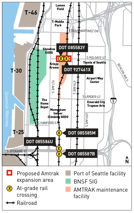 Map showing broader area and nearby tracks and crossings.