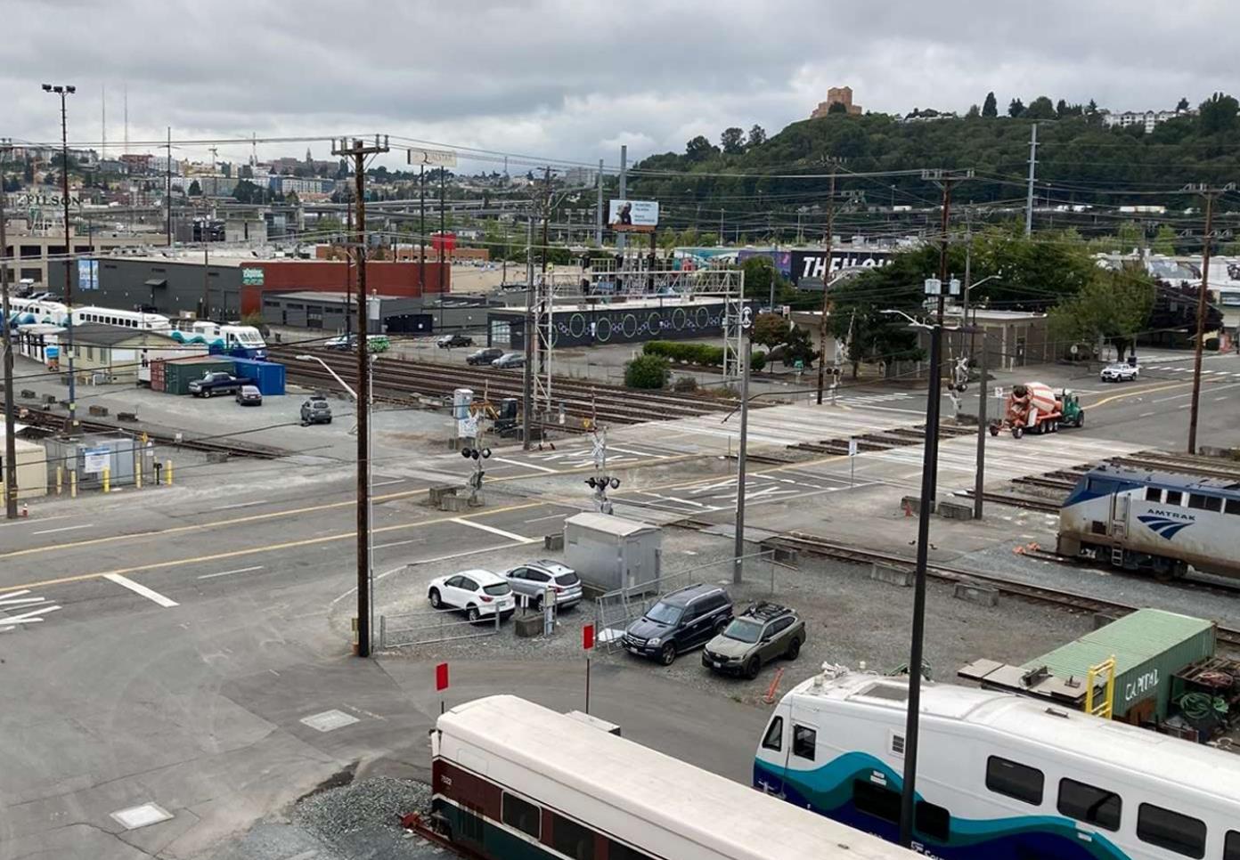 Bird's eye view photo showing the S Holgate St crossing at 3rd Ave S.