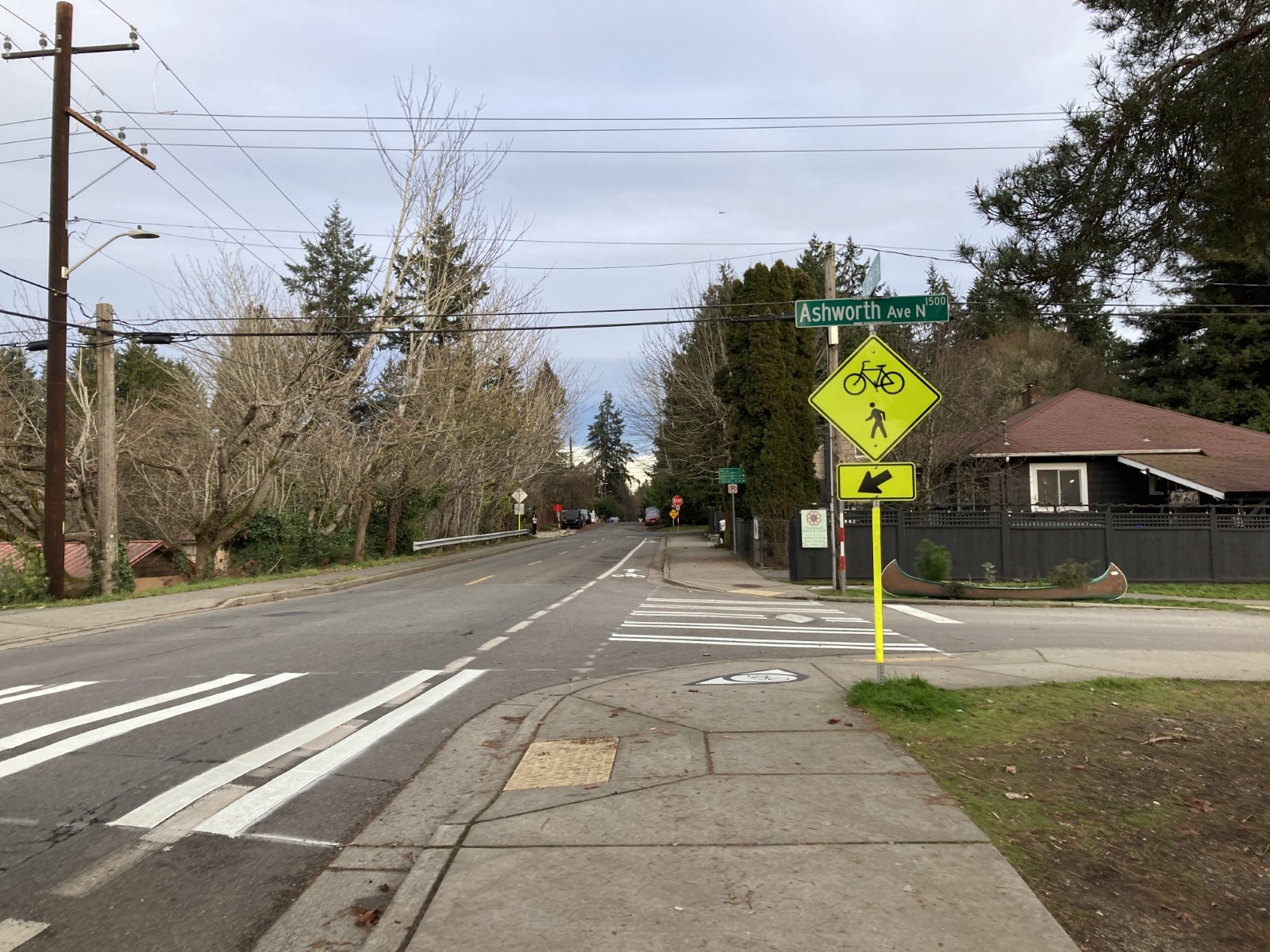 Completed marked crosswalk and painted bike dots at Ashworth Ave N & N 125th St