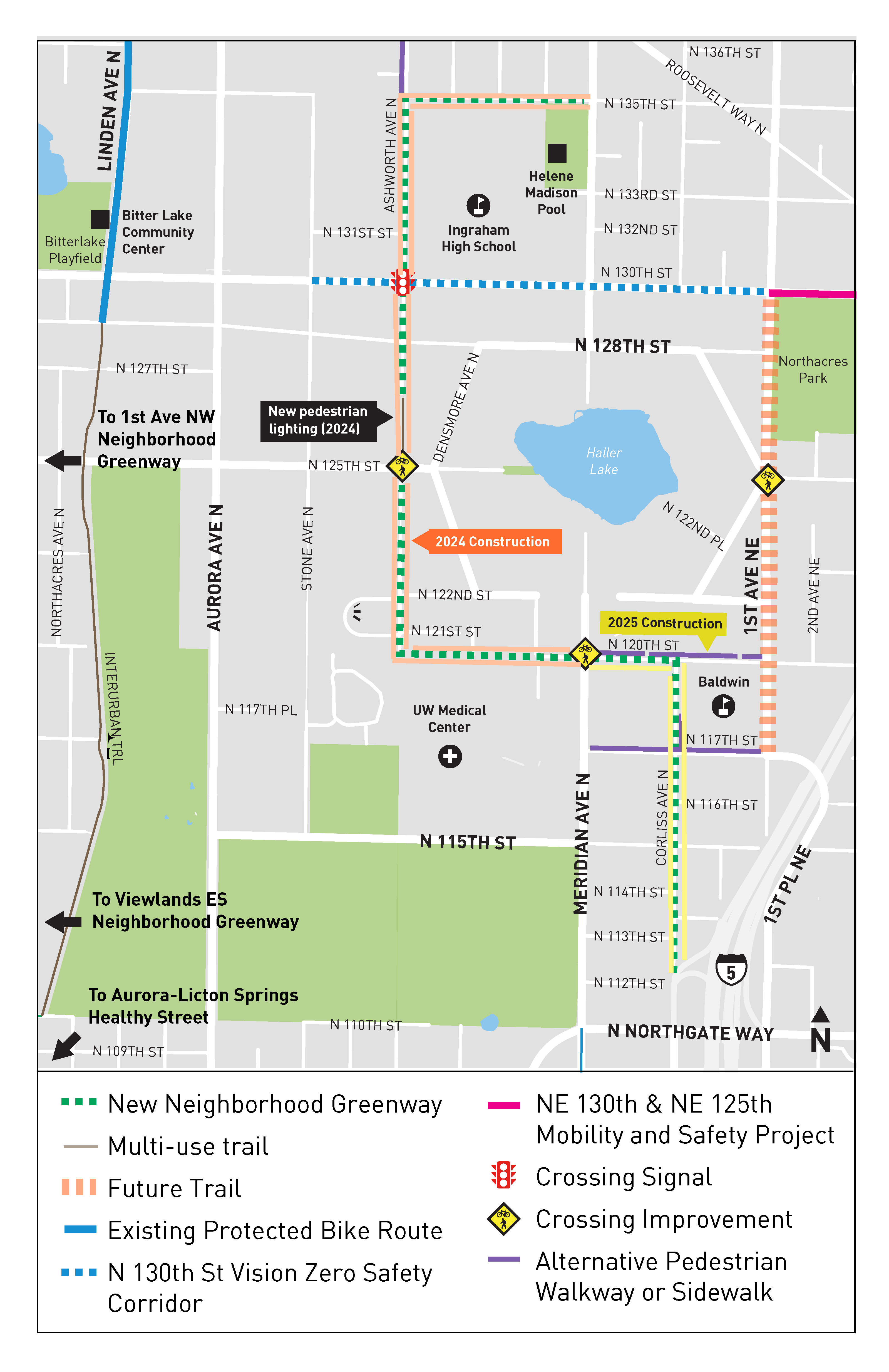 A map showing the Greenway route from Northgate Elementary School and Ingraham High School along Corliss Ave N to N 120th St to Ashworth Ave N