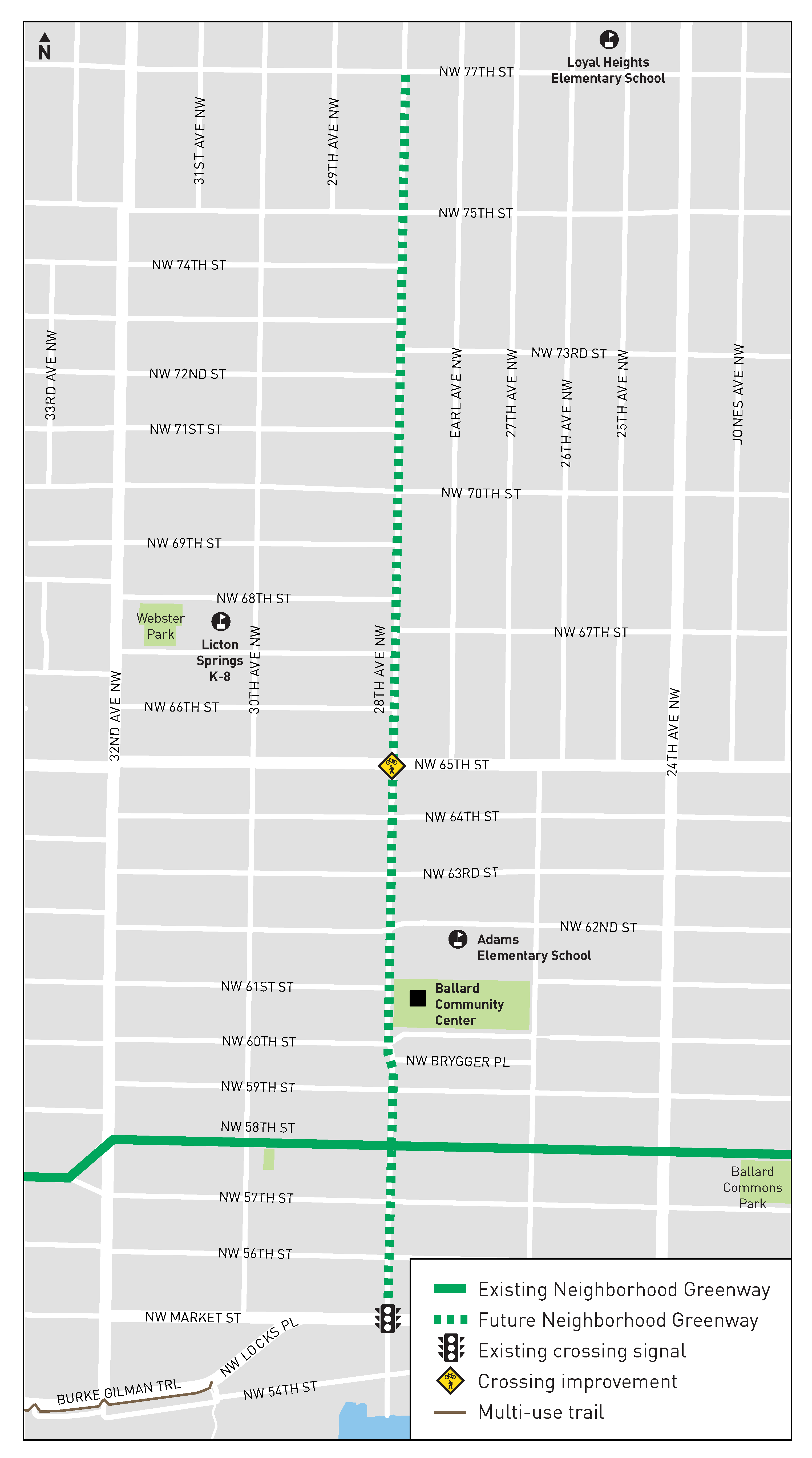 28th Ave NW - Adams Elementary School Neighborhood Greenway project area map