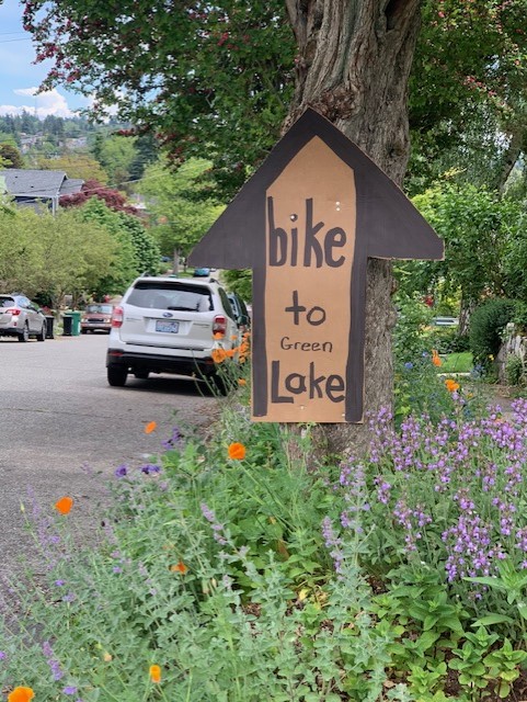 A homemade "Bike to Green Lake" sign is nailed to a tree in a residential neighborhood