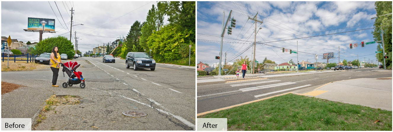 A before and after of a busy street and a woman with a stroller with no easy way to cross, and the after of wide and well marked crosswalks and signage