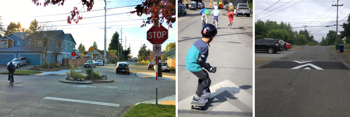Example of an intersection with better crosswalks and signage, and a photo of children using a speed hump. 