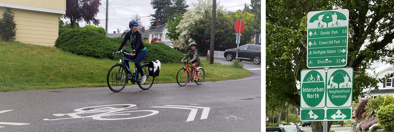 Adult and child biking on a marked greenway path, and a photo of green and white signs showing what Greenway signs look like