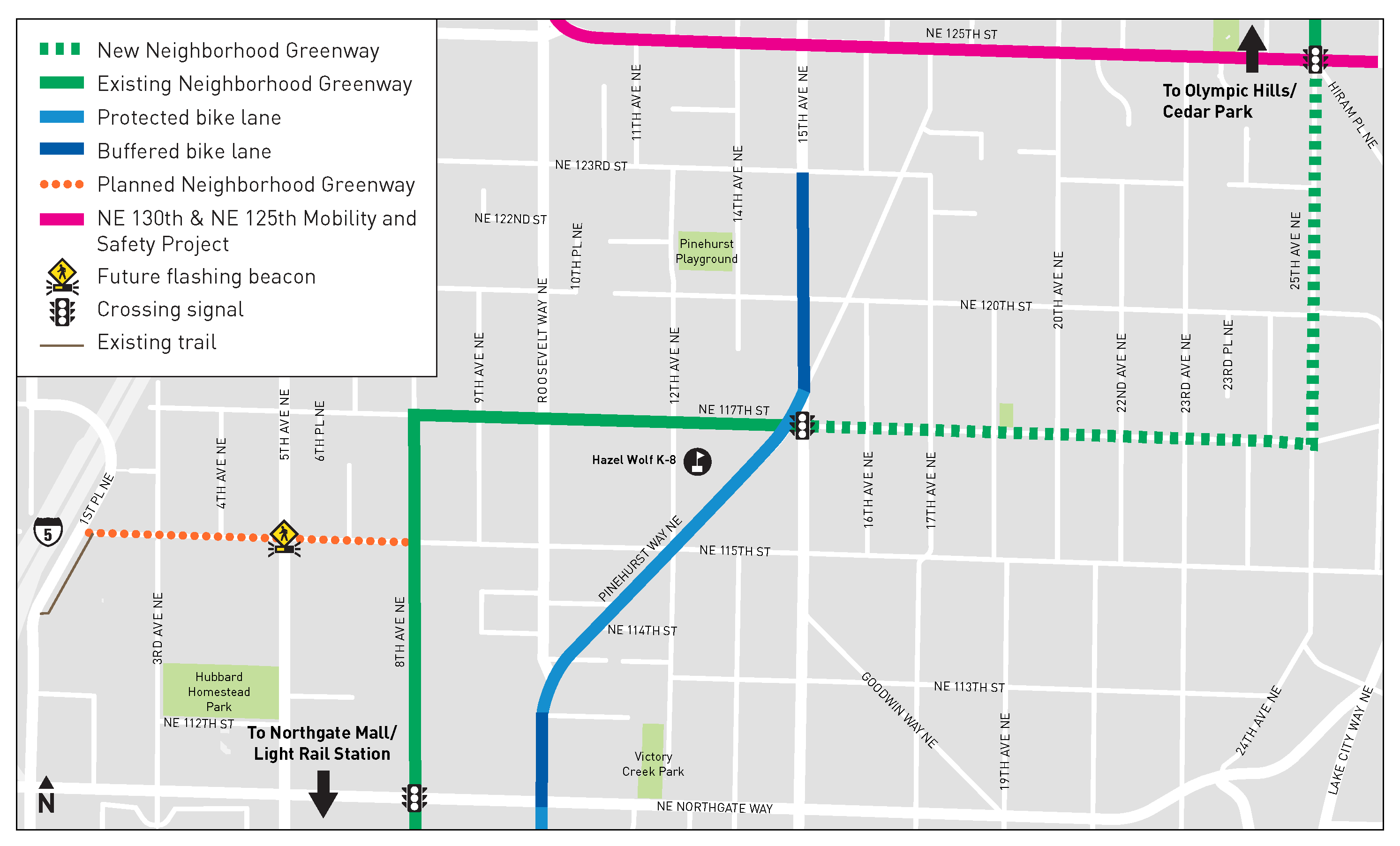 Map graphic of network between NE 125th St and NE Northgate Way & 8th Ave NE and 25th Ave NE