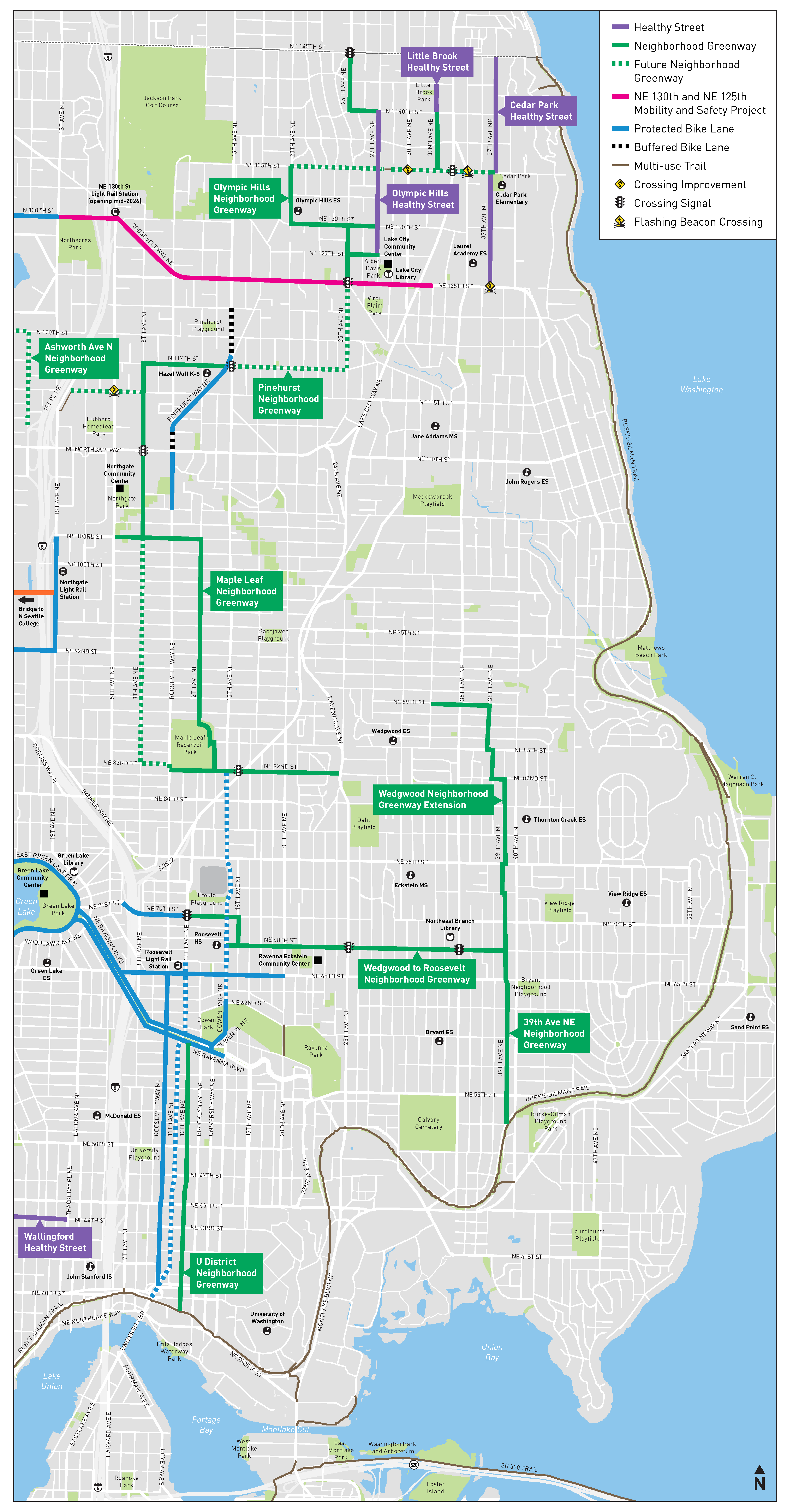 Map graphic of network between NE 125th St and NE 145th St & 15th Ave NE and 42nd Ave NE