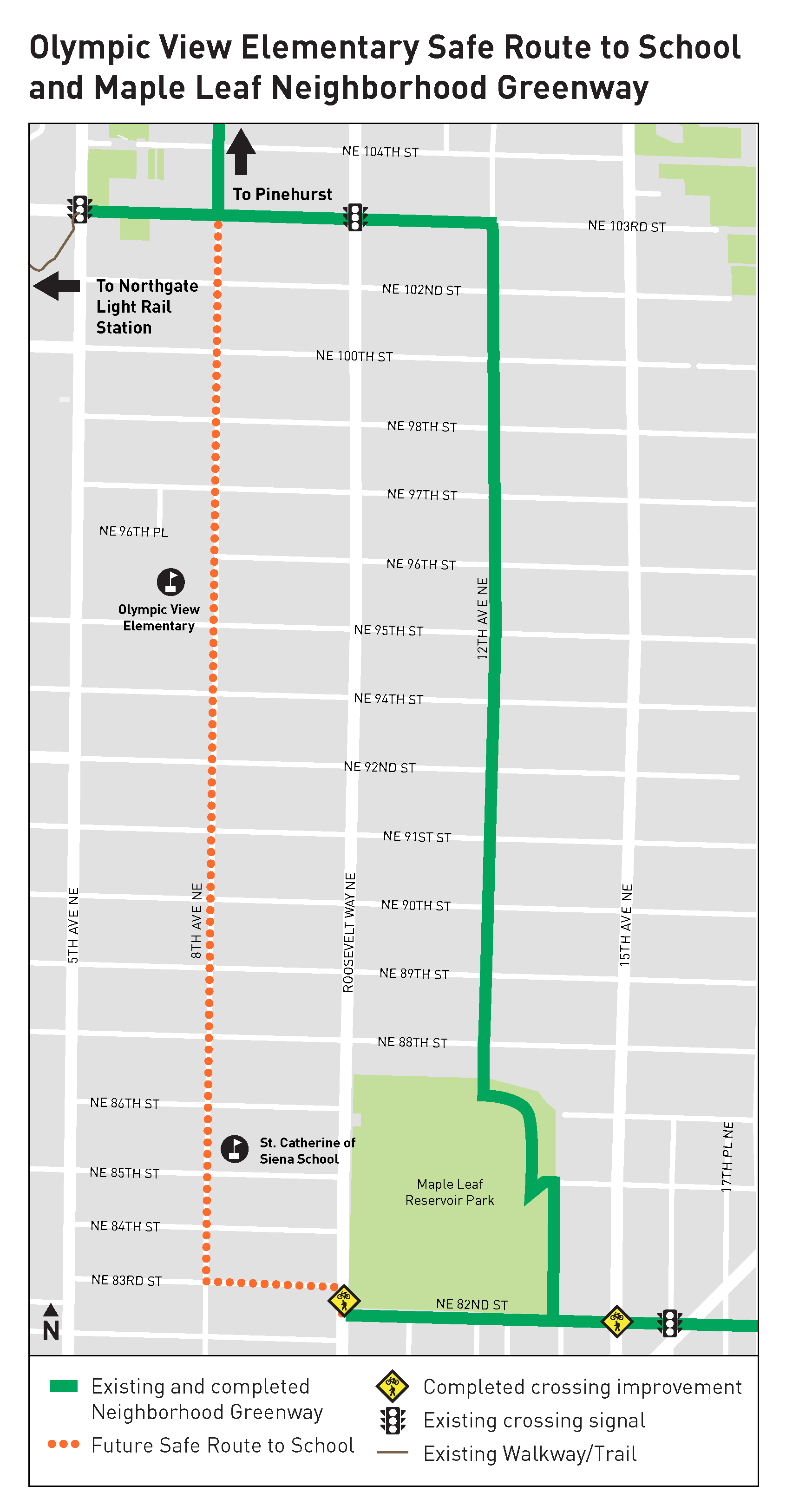Map Graphic showing route for new Olympic View Elementary Safe Route to School and Maple Leaf Neighborhood Greenway