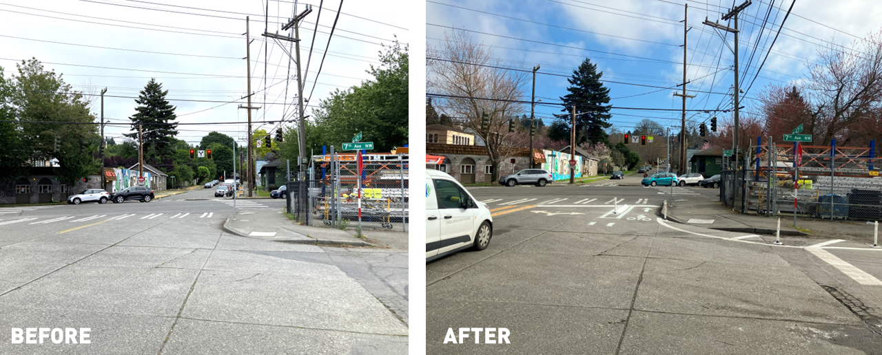 Before and after photos of bicycle safety improvements at the intersection of Leary Way NW & NW 43rd St