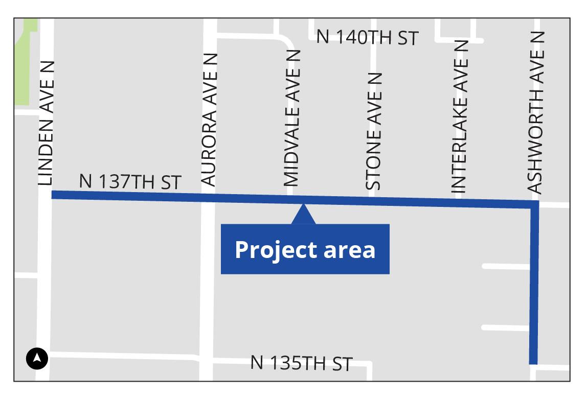 Map showing project limits on N 137th St between Ashworth Ave N and Lidnen Ave N