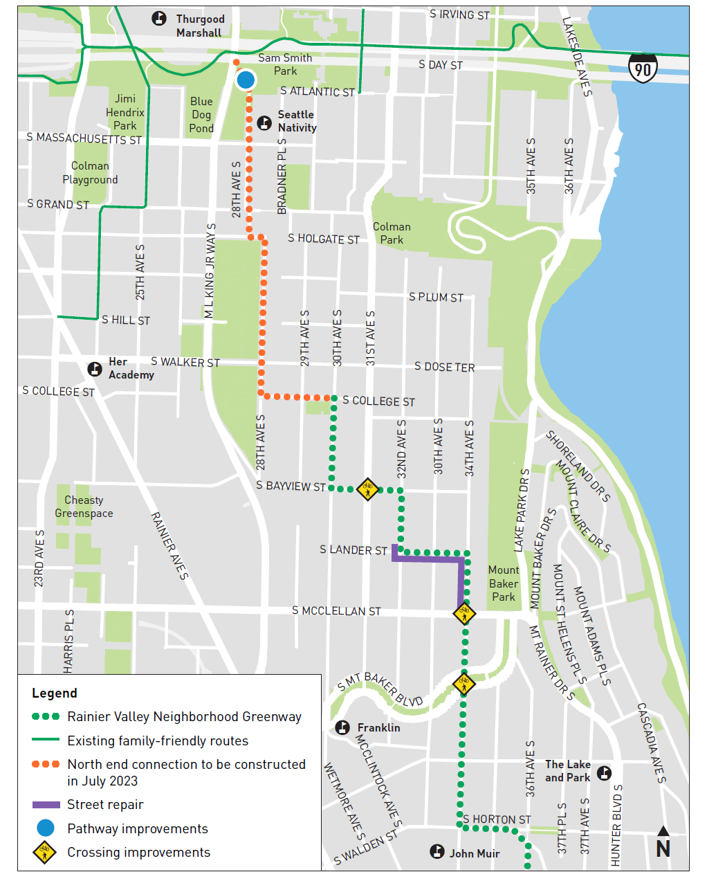 Map showing an orange line that is the north end connection of this greenway