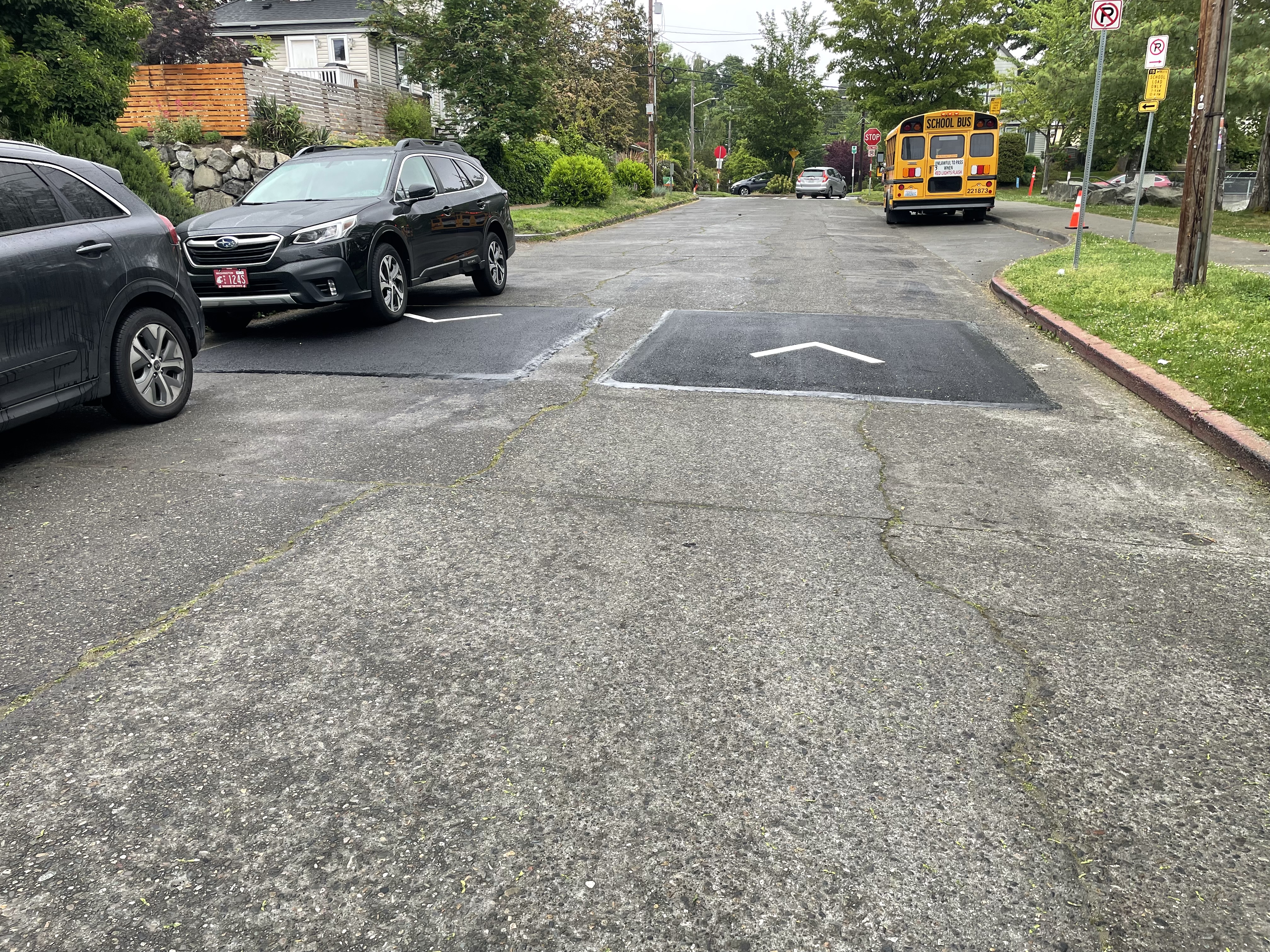 Newly installed speed humps by John Muir Elementary School