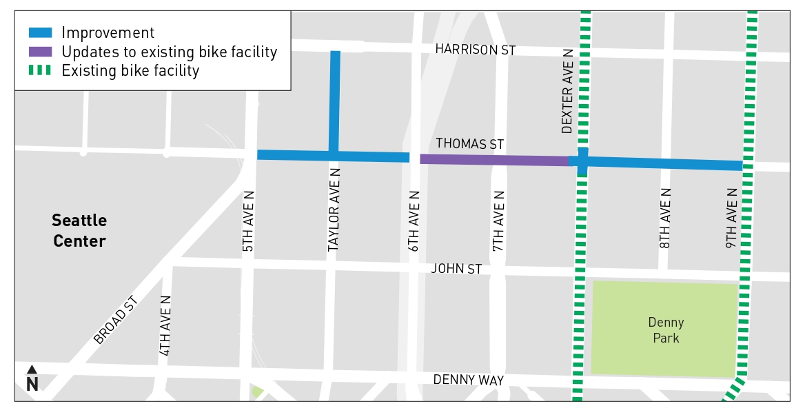 Map showing project area on Thomas St between 5th Ave N and Dexter Ave N.