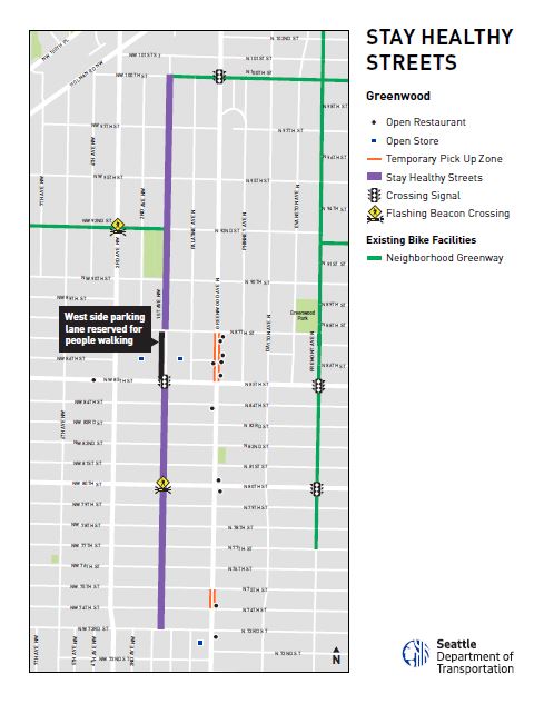 Map of Greenwood Stay Healthy Street on 1st Ave N from NW 73rd  to NW 100th St