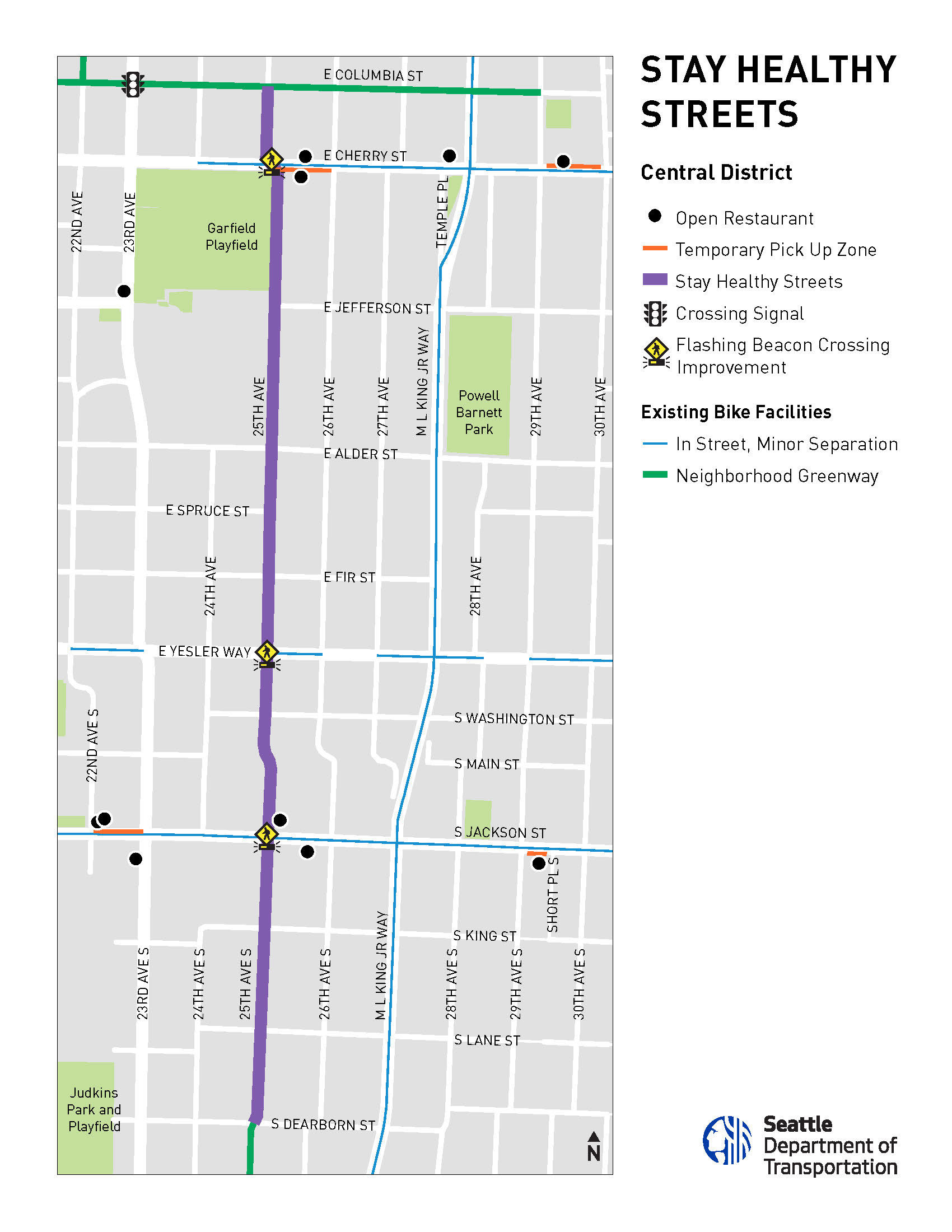 Map of Central Area Stay Healthy Street on 25th Avenue from S Dearborn St to E Columbia St