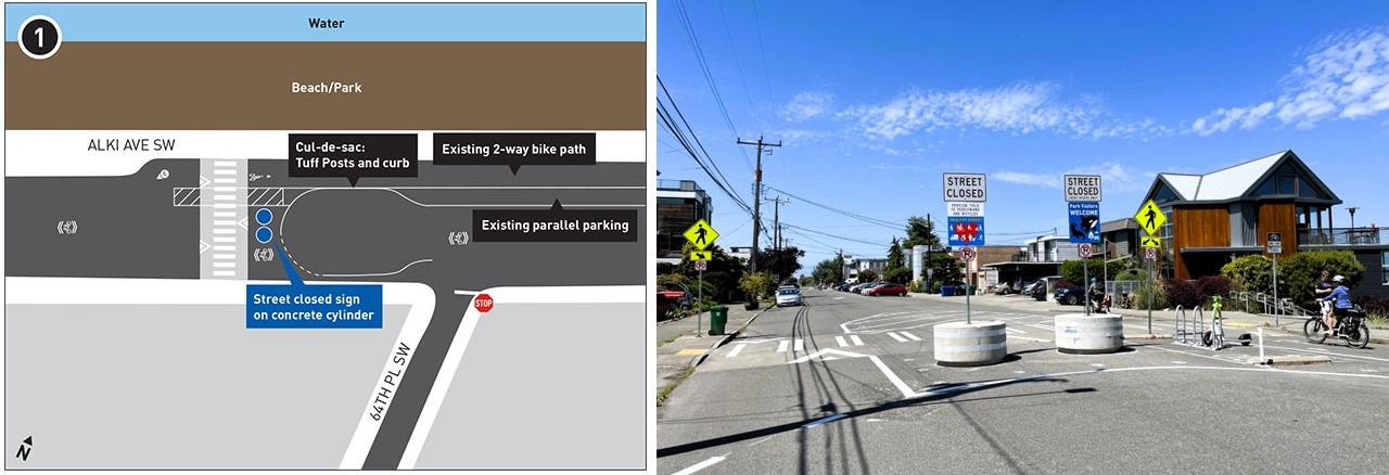 Design plan for the Alki Point Healthy Street at the intersection of Alki Ave SW and 64th Pl SW and completed photo