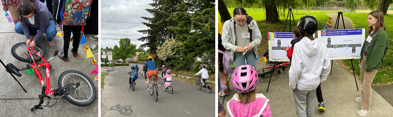 Collage showing a parent putting safety reflectors on her child's bicycle, the Dunlop Elementary Bike Bus approaching the school entrance, and students looking at mural designs