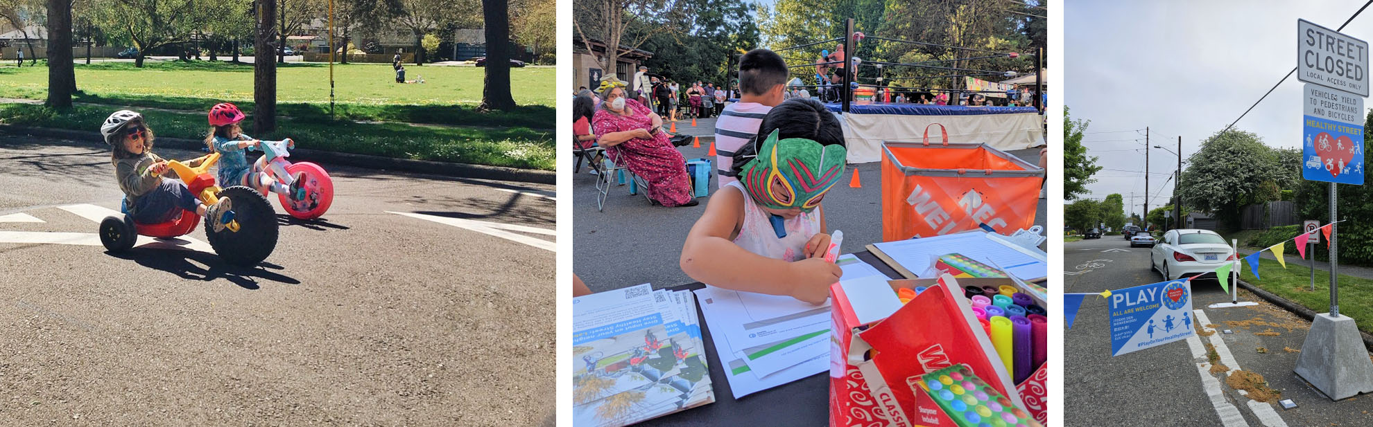 Collage of kids playing on healthy streets, and healthy street signage