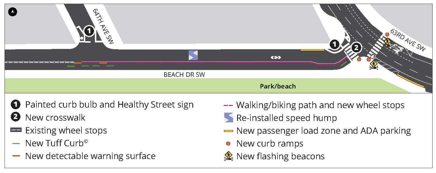 Map of the Alki Point Healthy Street at Beach Dr SW and 63rd Ave SW