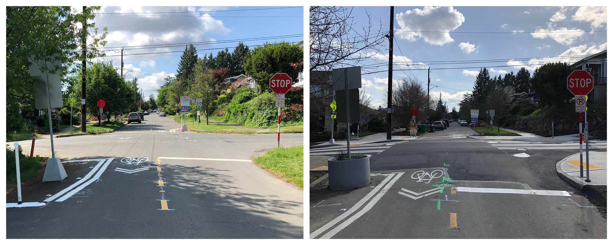 Before and After Photos of newly installed safety elements at 18th Ave S and S College St, including flashing crossing lights and ADA-accessible curb ramps