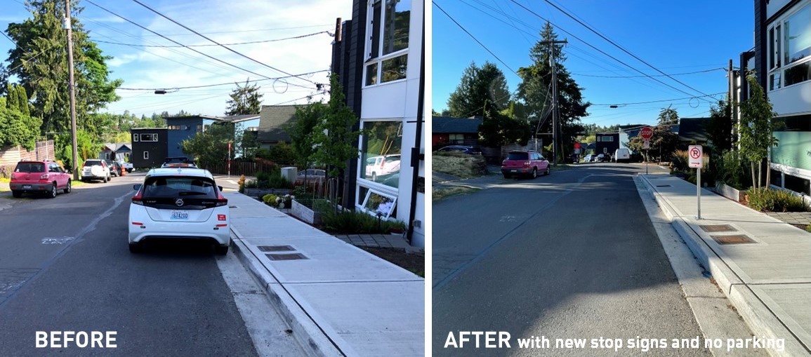 Before and After photo showing new stop sign and daylighted intersection