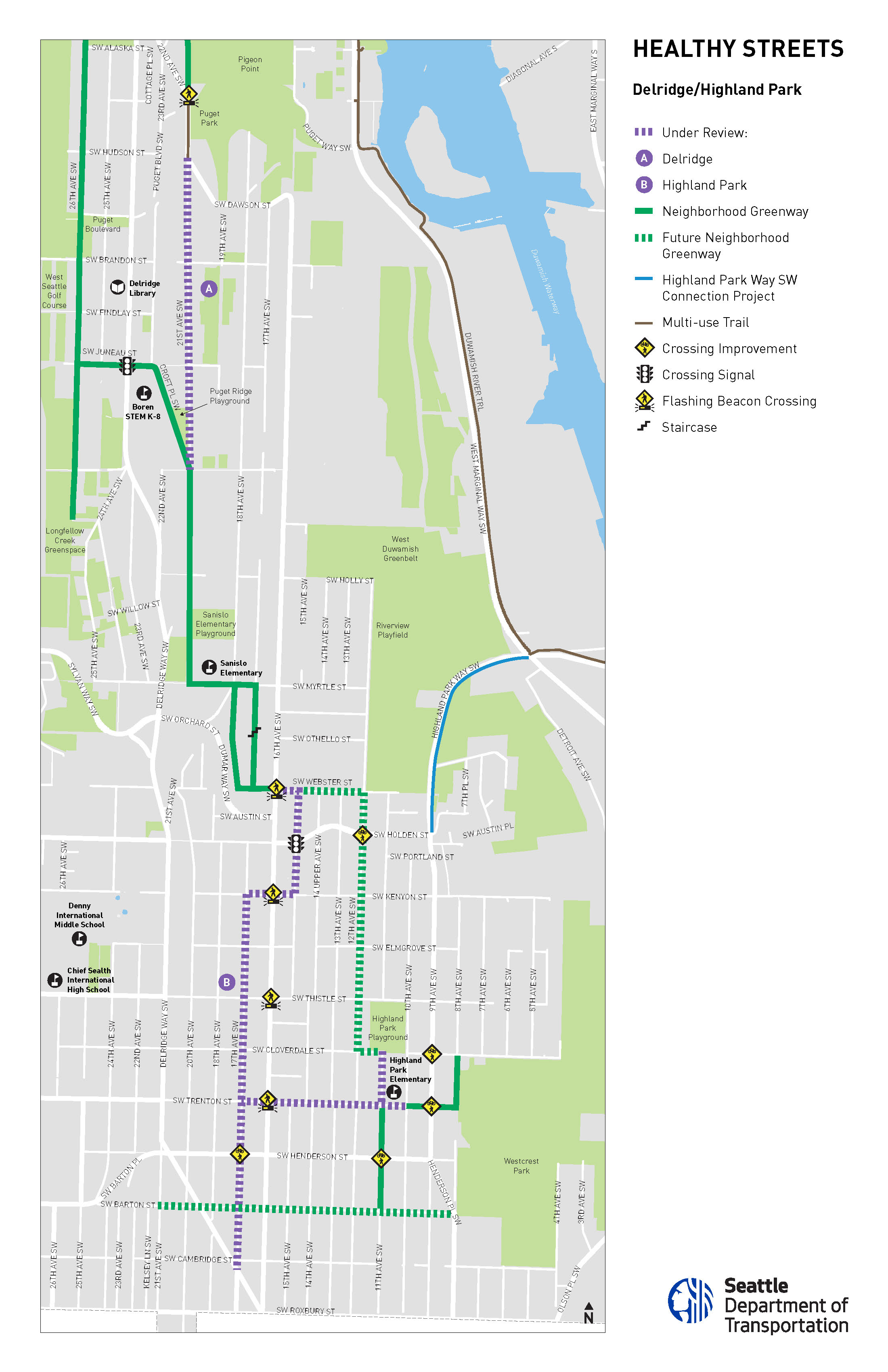 Map of Delridge and Highland Park Healthy Street segments under review
