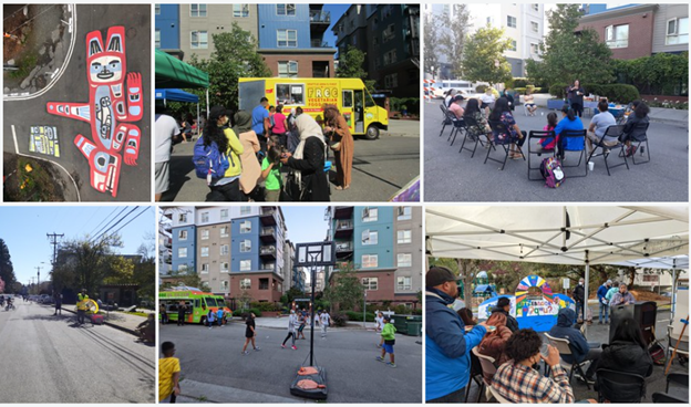 Collage of images of people playing on the Stay Healthy Street