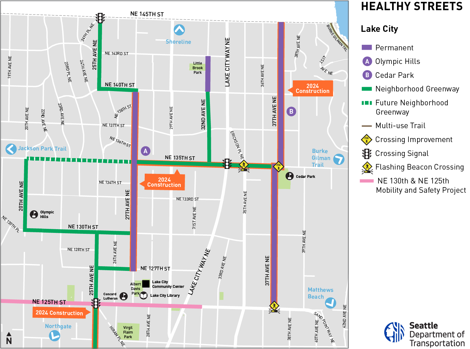 Map that shows Olympic Hills, Cedar Park Healthy Streets, and Greenways, and Little Brook Healthy Street