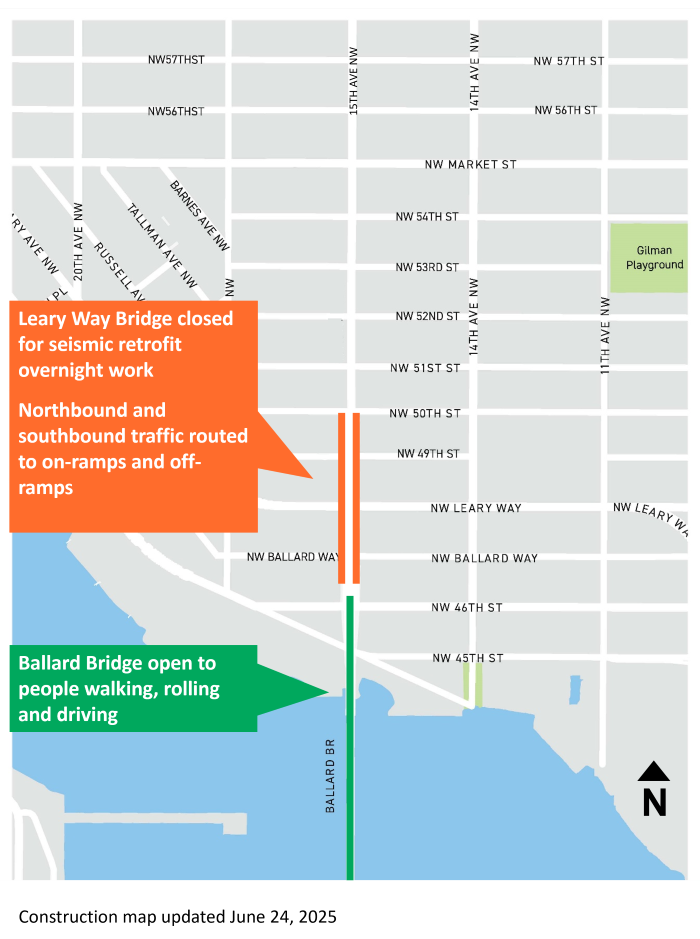 15th Ave W/NW Leary Way Bridge Closure Map