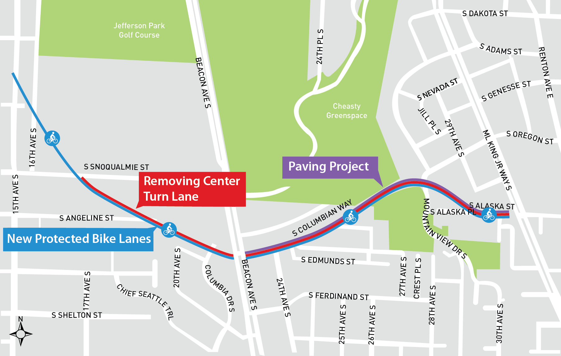 Map of protected bike lane on S Columbian Way and S Alaska St from 16th Ave S to MLK Jr. Way S.