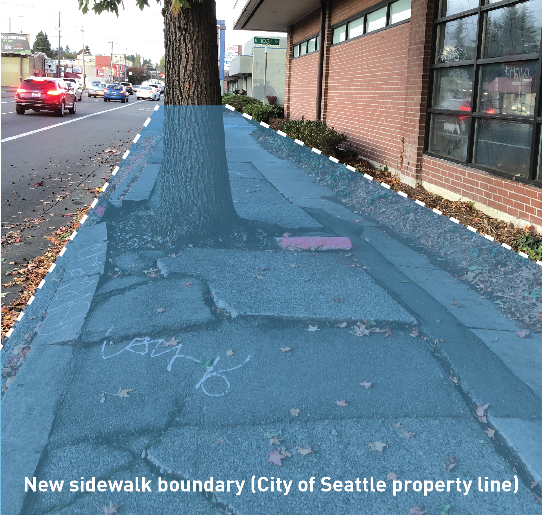 A graphic overlay on a photo of the existing sidewalk showing the wider margins of the new, more accessible sidewalk.