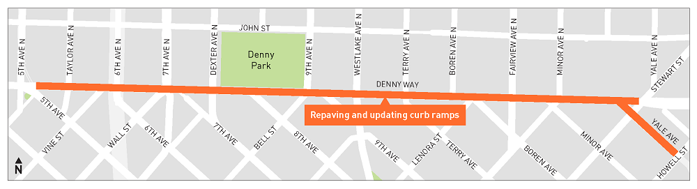 Map showing where we will pave Denny Way from 5th Ave to Stewart St