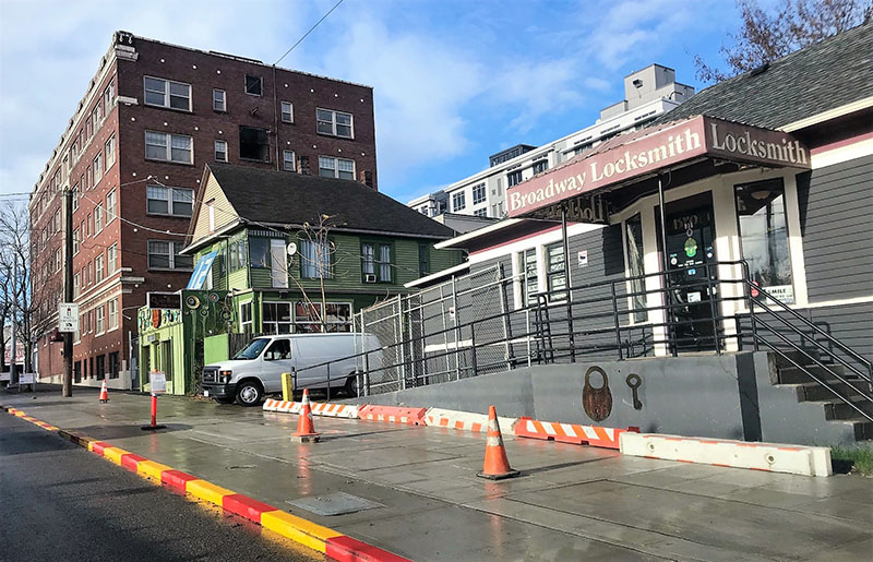 New sidewalk and painted bus bulb. Bus shelters will be installed in 2019.