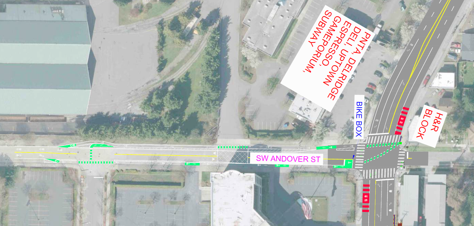 Proposed improvements along SW Andover St to be installed as part of the Delridge Multimodal project. These include new protected bike lanes, green pavement markings, an a left turn pocket for bikes.