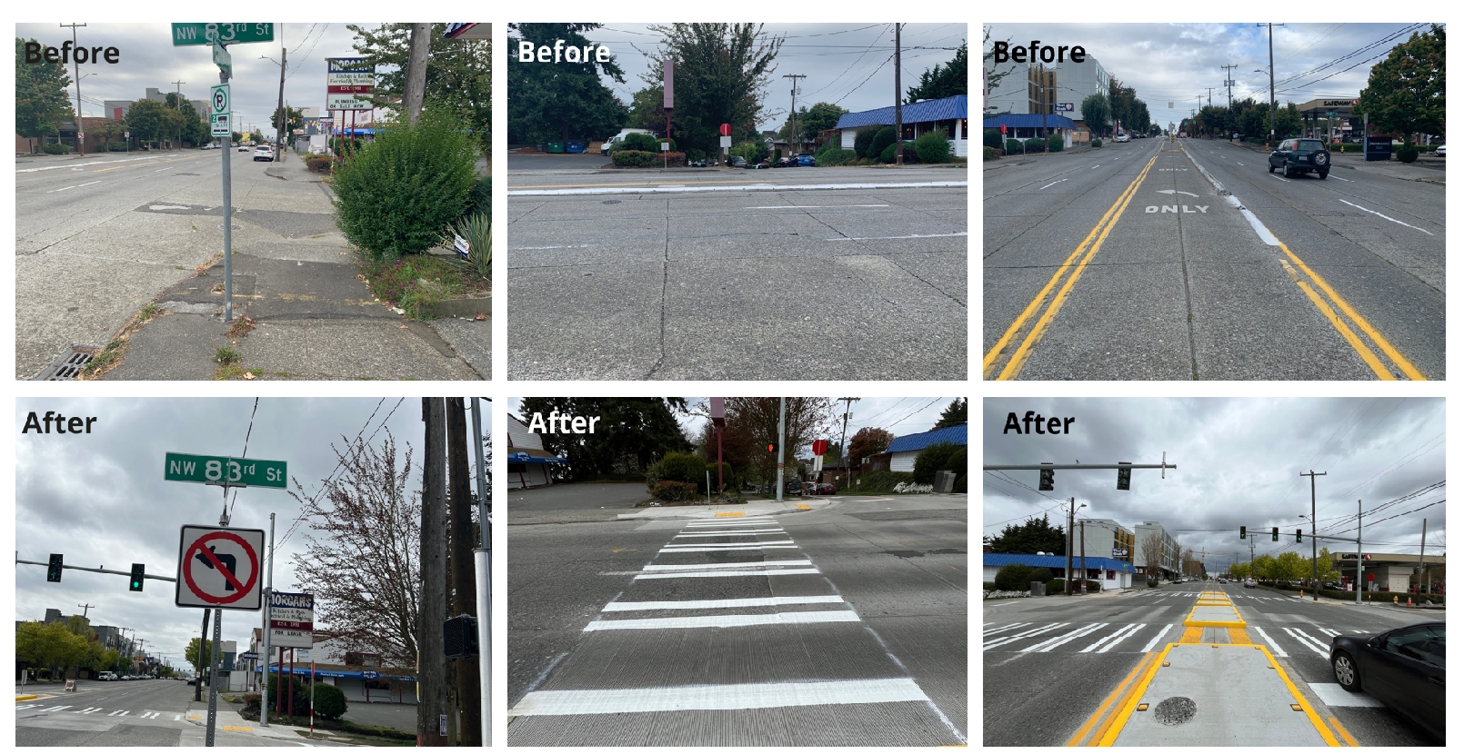 A series of before and after photos, the first shows a street sign that has been updated with a no left turn, the middle picture shows a new crosswalk, and the one on the right shows a new pedestrian island