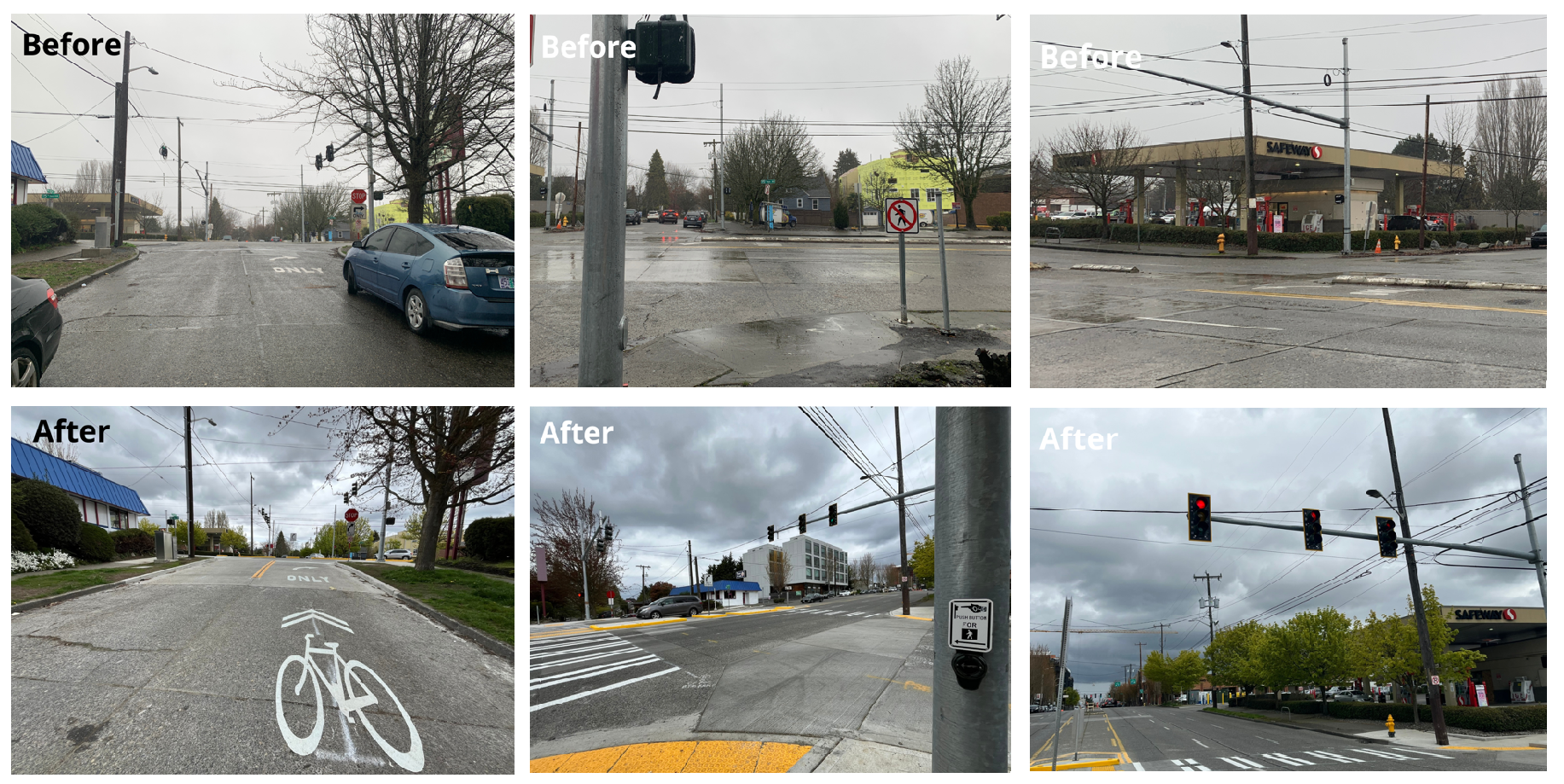 A series of before and after pictures showing new crossings for east and westbound bikes, new pedestrian bike signalat 15th Ave and NW 83rd, and new pedestrian and bike signal on 15th Ave NW and NW 83rd street from a different angle