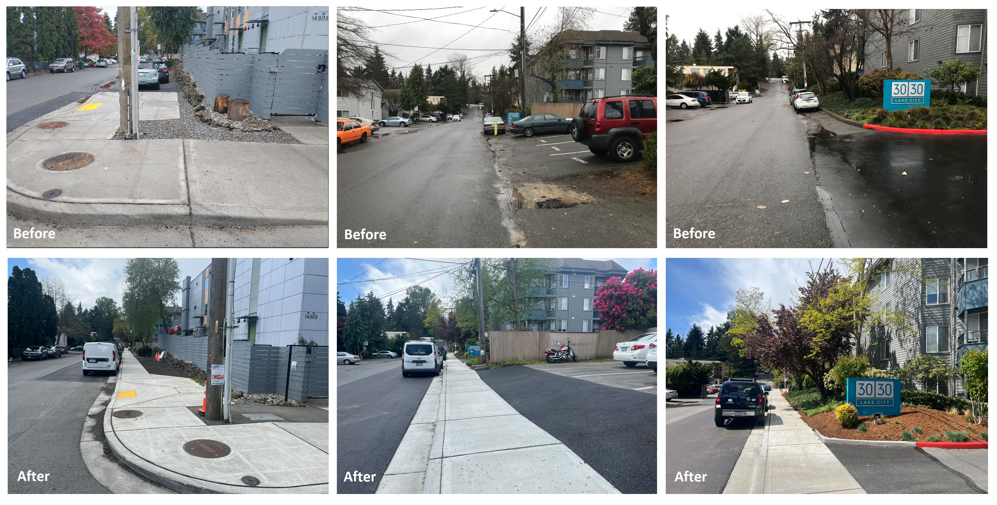 Before and After Photos: (left) Northwest corner of NE 143rd St and 32nd Ave; (middle) Rebuilt driveway on the north side of NE 143rd St, looking west; (right) New concrete sidewalk on the north side of NE 143rd St, looking west. 