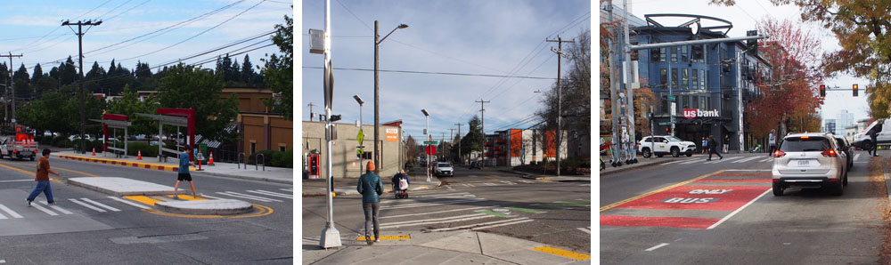 A collage of photos featuring new crosswalks and bus lanes.