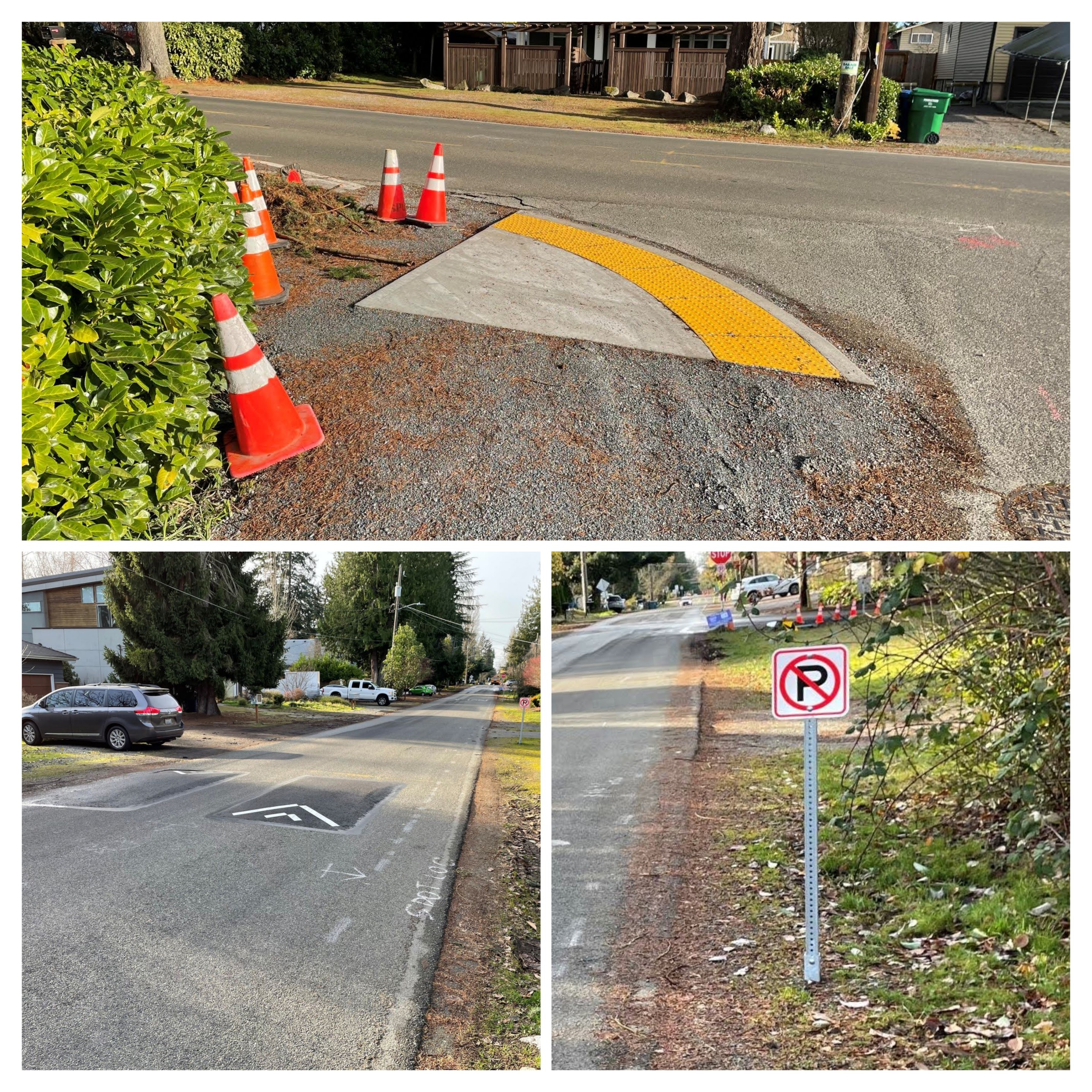 A collage of three images showing street construction in progress. The top image shows a newly poured concrete curb ramp with traffic cones surrounding it. The bottom-left image shows a speed bump on a residential street. The bottom-right image shows a "No Parking" sign on a residential street.