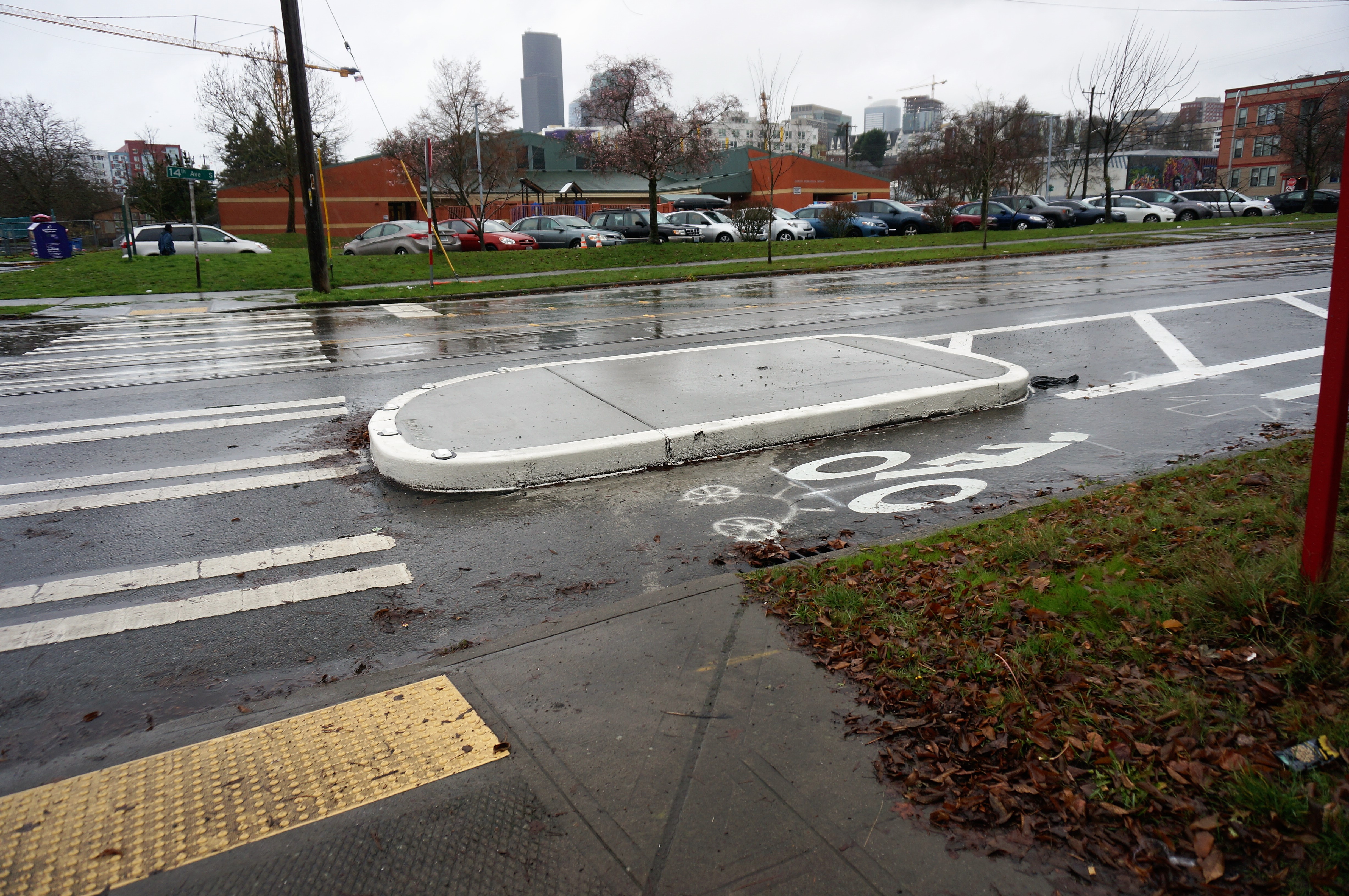 New medians at the intersection of S Washington and 14th Ave S near Bailey Gatzert Elementary. (Image 2 of 2)