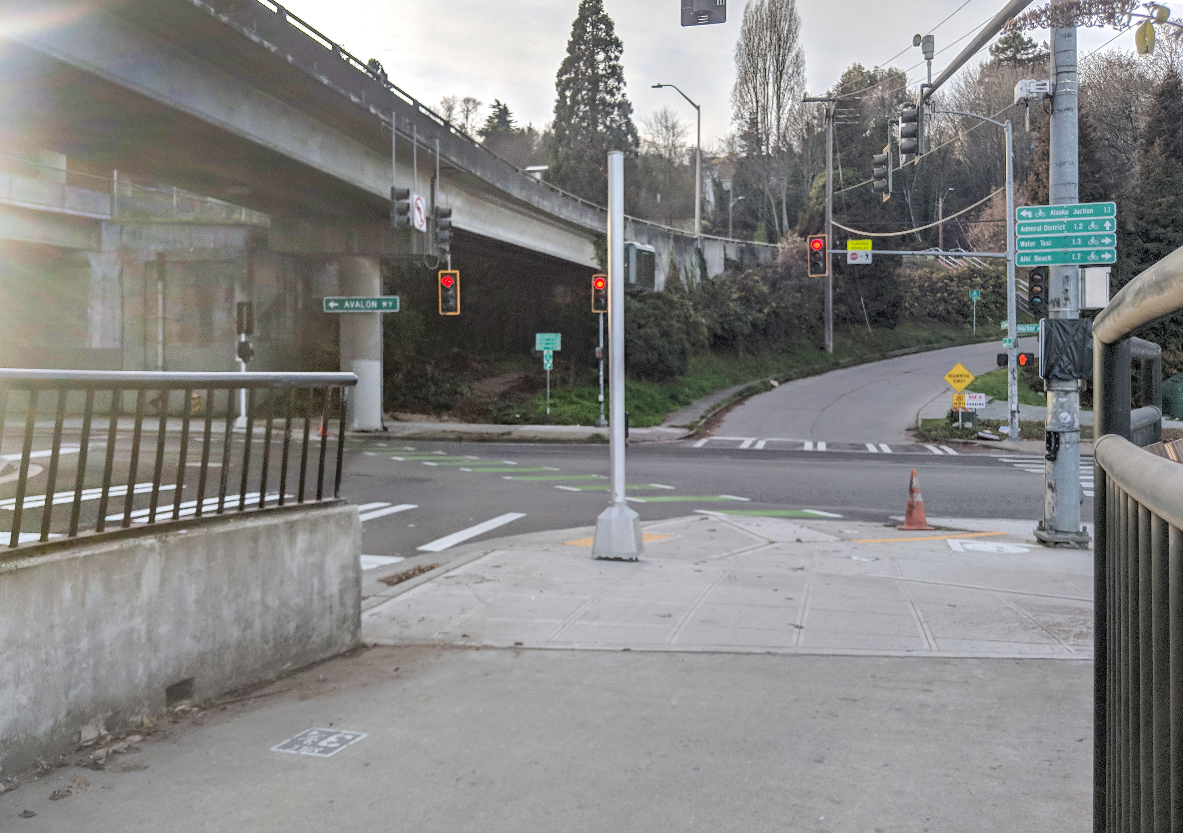 New curb bulb on the NE corner of Harbor Ave SW and SW Spokane St