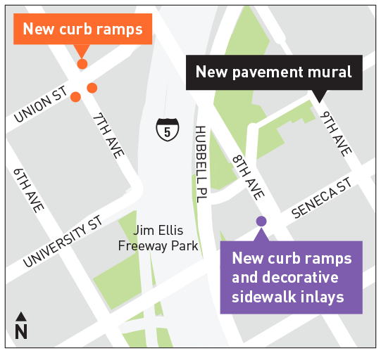Map of curb ramps on union and 7th, New pavement mural on 9th, and new curb ramps on 8th and Seneca